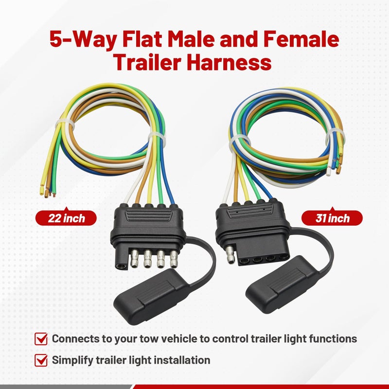 RED WOLF موصل سلك توصيل مسطح 5 طرق من ريد وولف مع قابس محول ذكر وأنثى 5 دبابيس 18 AWG لجرارات RV والقوارب والشاحنات والفانات 1 زوج - Image 5